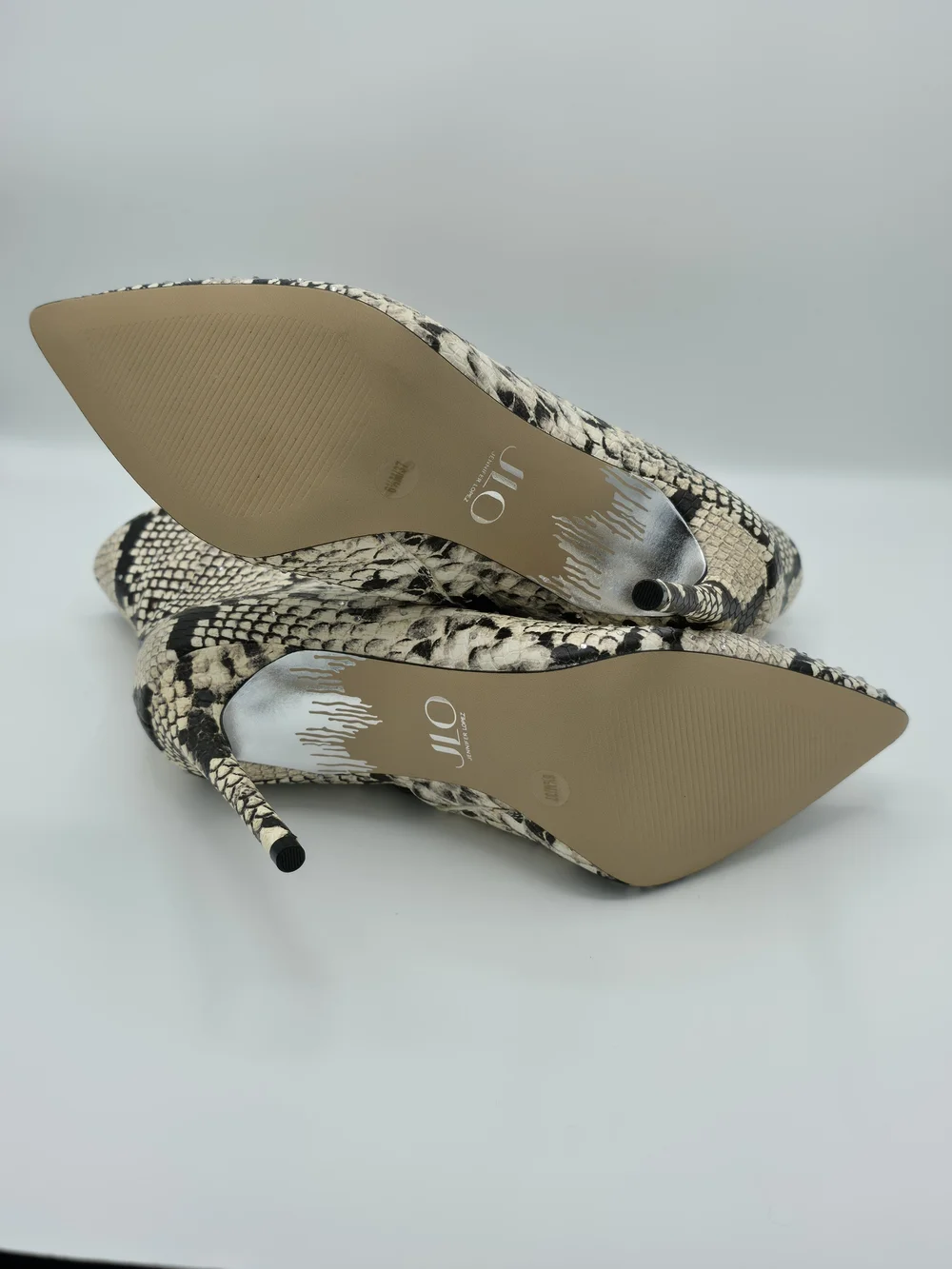 Jennifer Lopez Black and Cream Snake-Print Stiletto Ankle Boots with Crystals